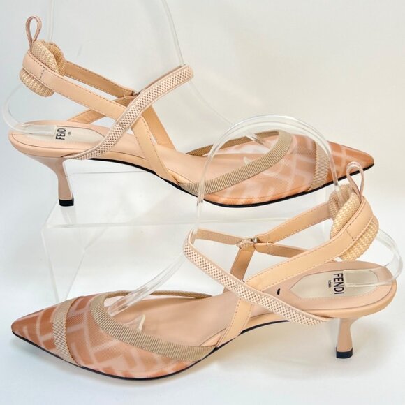 Fendi Colibrí Lite Pointed Toe Slingback Pump Kitten Heel Rose Women Size 38.5 - Picture 3 of 11